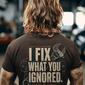 I Fix What You Ignored T-Shirt — Mechanic Wrench Tool Shirt for Technicians & DIYers — brown t-shirt, model photo | Pressure Tested Co