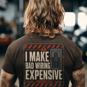 Funny Electrician Tech Tee - Back "I Make Bad Wiring Expensive" — Front "Wired For Success" Vintage Work Tee — brown t-shirt, model photo | Pressure Tested Co