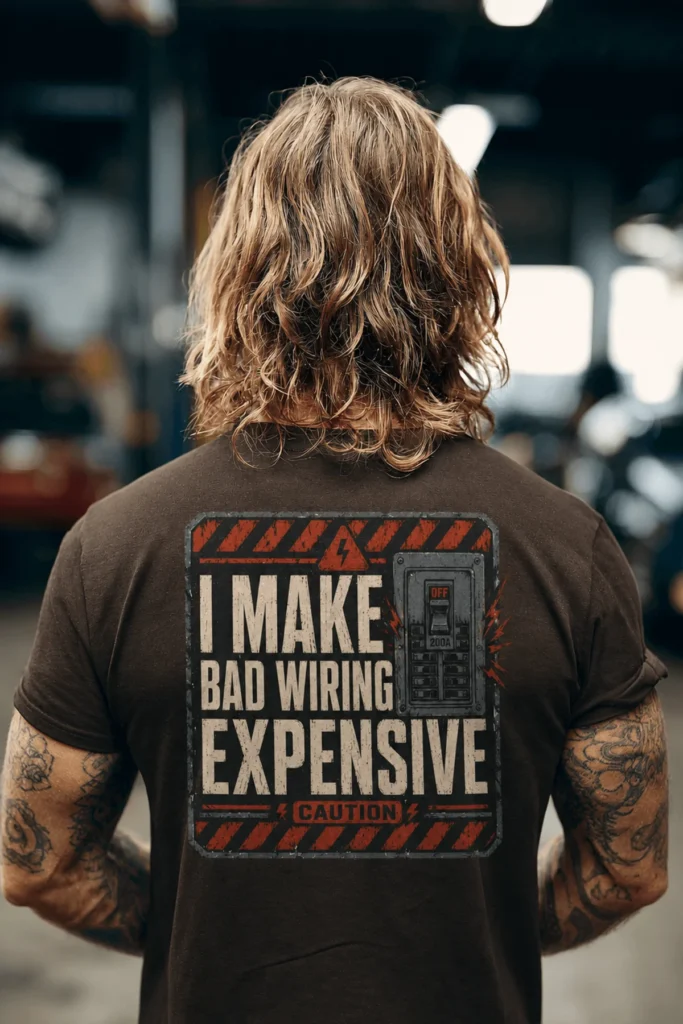 Funny Electrician Tech Tee - Back "I Make Bad Wiring Expensive" — Front "Wired For Success" Vintage Work Tee — brown t-shirt, model photo | Pressure Tested Co