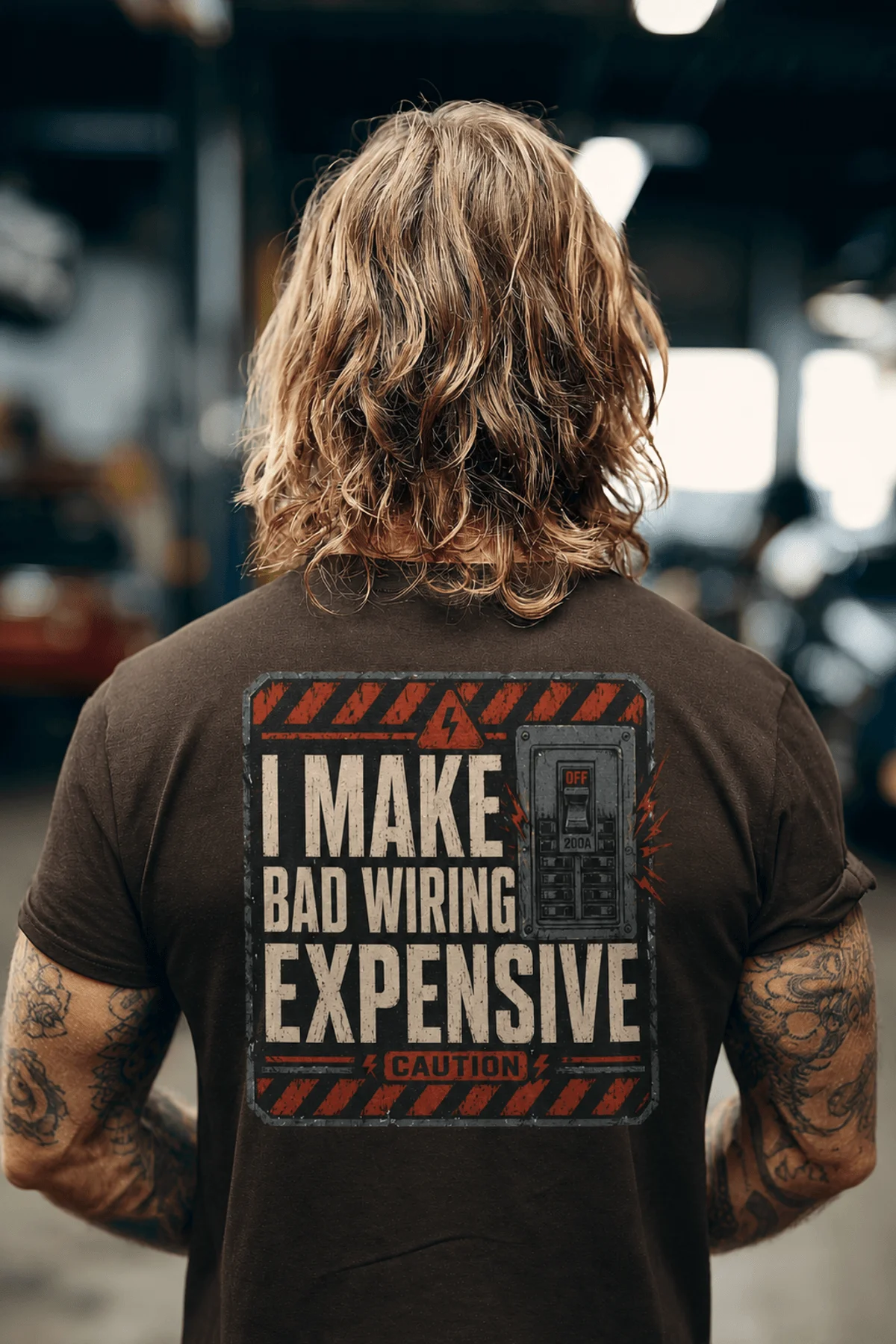 Funny Electrician Tech Tee - Back "I Make Bad Wiring Expensive" — Front "Wired For Success" Vintage Work Tee — brown — Model Funny Electrician Tech Tee - Back "I Make Bad Wiring Expensive" — Front "Wired For Success" Vintage Work Tee — brown t-shirt, model photo | Pressure Tested Co