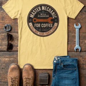 Mechanic T-Shirt — "Master Mechanic: Will Diagnose for Coffee" Retro Wrench Tee - Image 9