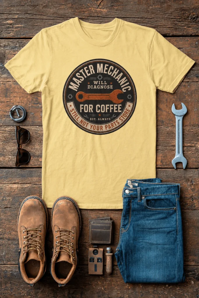 Mechanic T-Shirt — "Master Mechanic: Will Diagnose for Coffee" Retro Wrench Tee