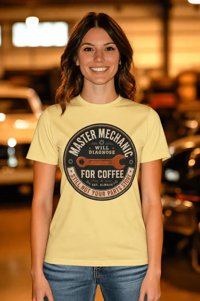 Mechanic T-Shirt — "Master Mechanic: Will Diagnose for Coffee" Retro Wrench Tee