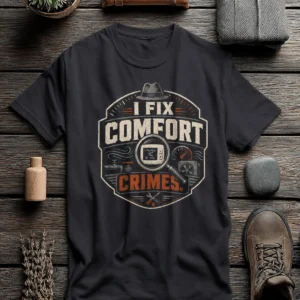 Funny HVAC Tech Tee "I Fix Comfort Crimes" — Furnace and Air Tech Work Tee — dark-grey t-shirt, flat-lay product photo | Pressure Tested Co