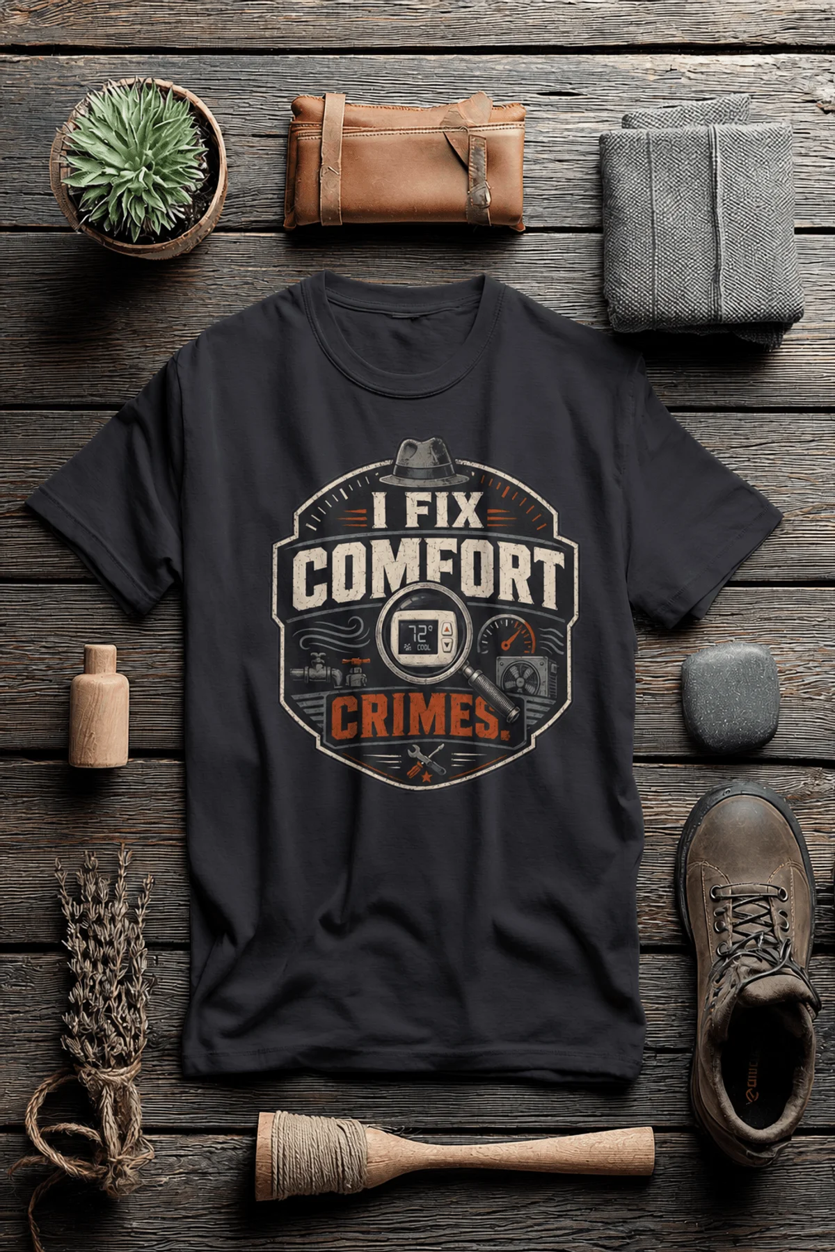 Funny HVAC Tech Tee "I Fix Comfort Crimes" — Furnace and Air Tech Work Tee — dark-grey — Flat-lay Funny HVAC Tech Tee "I Fix Comfort Crimes" — Furnace and Air Tech Work Tee — dark-grey t-shirt, flat-lay product photo | Pressure Tested Co