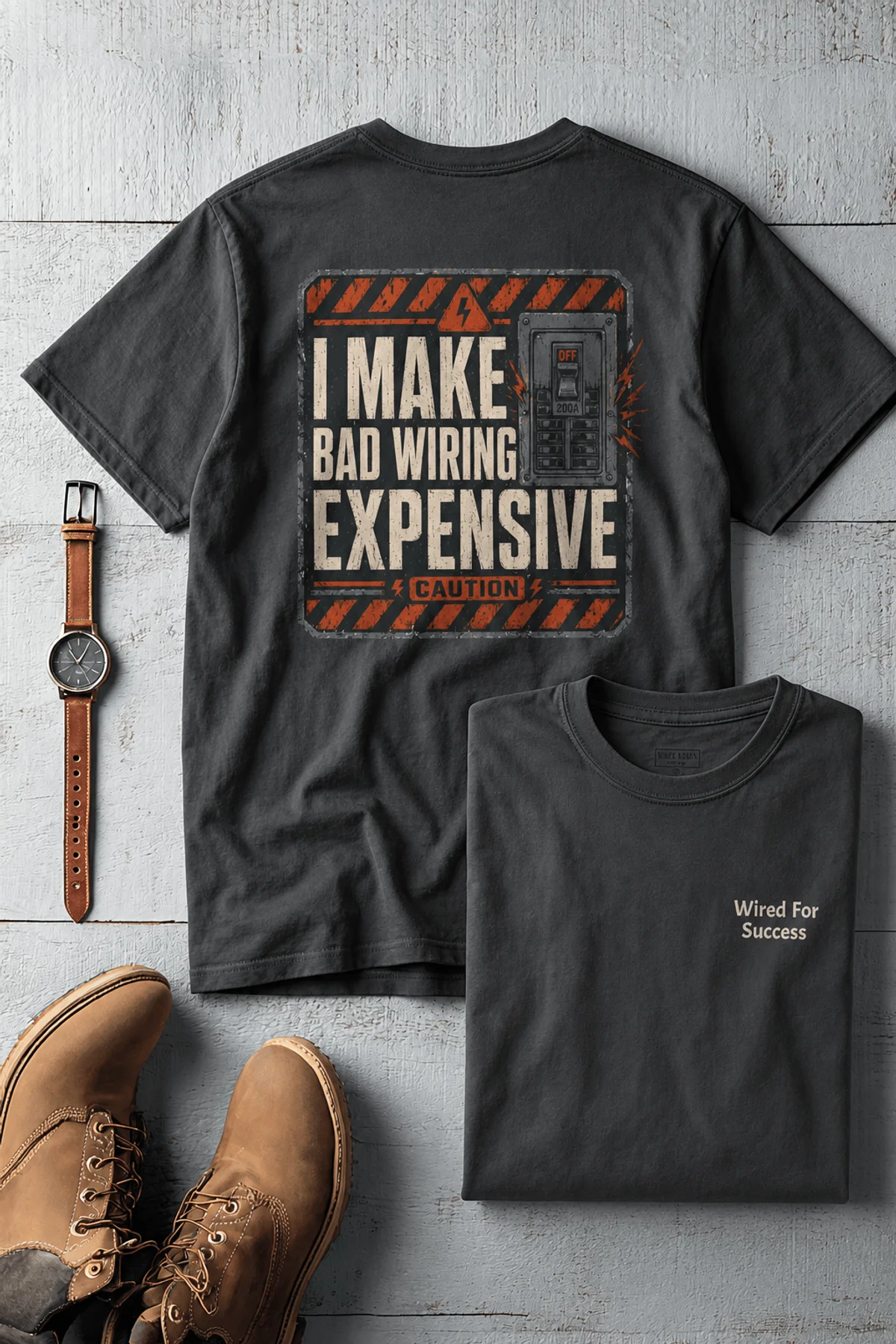 Funny Electrician Tech Tee - Back "I Make Bad Wiring Expensive" — Front "Wired For Success" Vintage Work Tee — dark-grey — Flat-lay Funny Electrician Tech Tee - Back "I Make Bad Wiring Expensive" — Front "Wired For Success" Vintage Work Tee — dark-grey t-shirt, flat-lay product photo | Pressure Tested Co