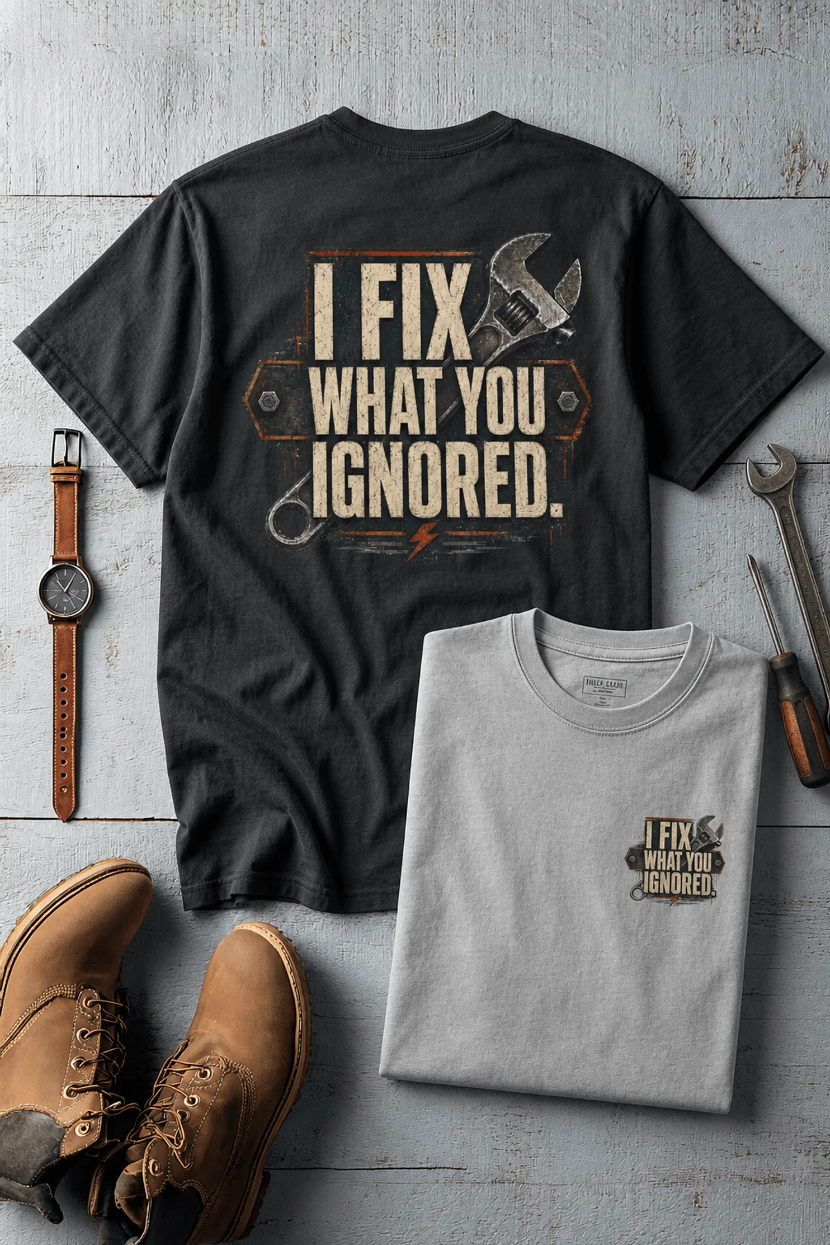 I Fix What You Ignored T-Shirt — Mechanic Wrench Tool Shirt for Technicians & DIYers — dark-grey — Flat-lay I Fix What You Ignored T-Shirt — Mechanic Wrench Tool Shirt for Technicians & DIYers — dark-grey t-shirt, flat-lay product photo | Pressure Tested Co