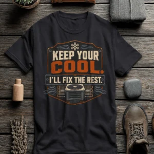 Funny HVAC Tee Shirt "Keep Your Cool. I'll Fix The Rest." T-Shirt – Vintage GraphicTee — dark-grey t-shirt, flat-lay product photo | Pressure Tested Co