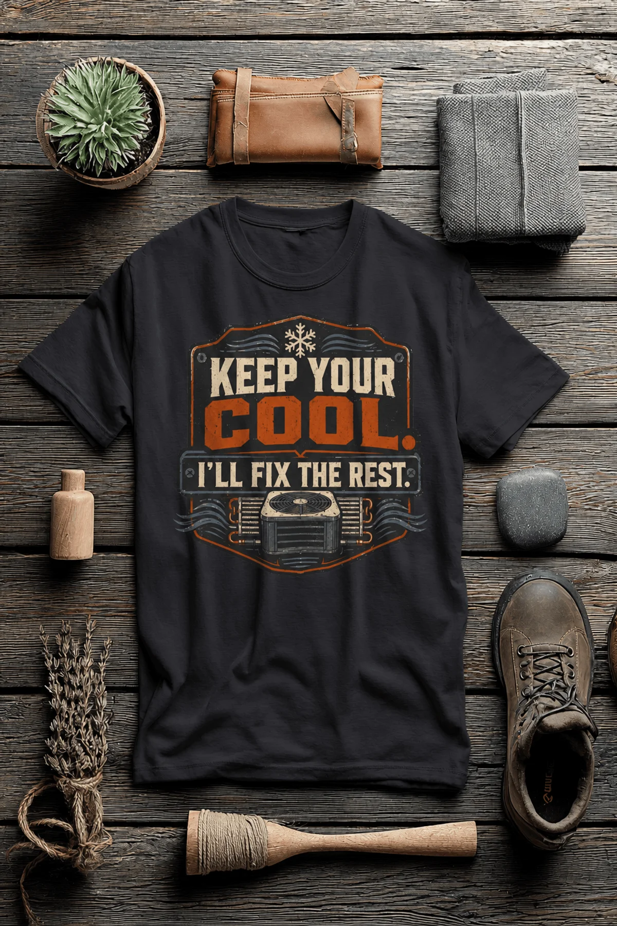 Funny HVAC Tee Shirt "Keep Your Cool. I'll Fix The Rest." T-Shirt – Vintage GraphicTee — dark-grey — Flat-lay Funny HVAC Tee Shirt "Keep Your Cool. I'll Fix The Rest." T-Shirt – Vintage GraphicTee — dark-grey t-shirt, flat-lay product photo | Pressure Tested Co