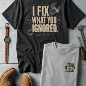 I Fix What You Ignored T-Shirt — Mechanic Wrench Tool Shirt for Technicians & DIYers — dark-grey t-shirt, flat-lay product photo | Pressure Tested Co