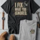 I Fix What You Ignored T-Shirt — Mechanic Wrench Tool Shirt for Technicians & DIYers — dark-grey — Flat-lay I Fix What You Ignored T-Shirt — Mechanic Wrench Tool Shirt for Technicians & DIYers — dark-grey t-shirt, flat-lay product photo | Pressure Tested Co