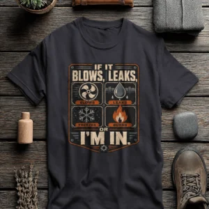 HVAC Technician T‑Shirt — "If It Blows, Leaks, Freezes or Burns I'm In" Retro Tradesmen Tee — dark-grey t-shirt, flat-lay product photo | Pressure Tested Co