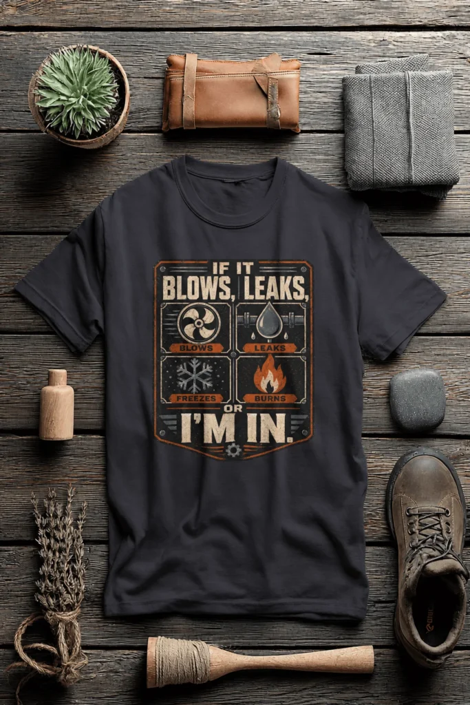 HVAC Technician T‑Shirt — "If It Blows, Leaks, Freezes or Burns I'm In" Retro Tradesmen Tee — dark-grey t-shirt, flat-lay product photo | Pressure Tested Co