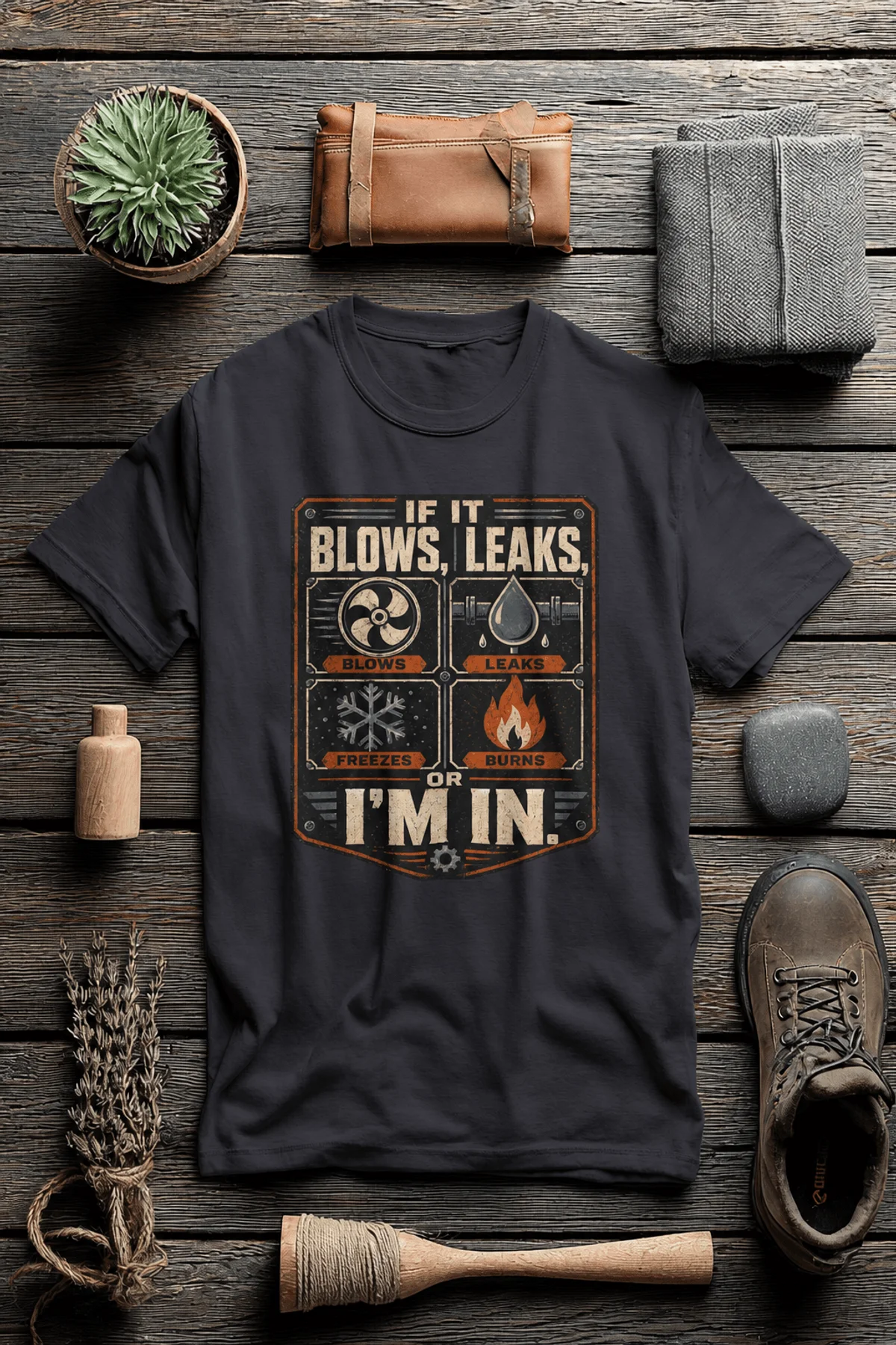 HVAC Technician T‑Shirt — "If It Blows, Leaks, Freezes or Burns I'm In" Retro Tradesmen Tee — dark-grey — Flat-lay HVAC Technician T‑Shirt — "If It Blows, Leaks, Freezes or Burns I'm In" Retro Tradesmen Tee — dark-grey t-shirt, flat-lay product photo | Pressure Tested Co