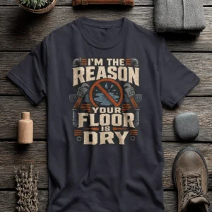 Plumber T‑Shirt – "I'm the Reason Your Floor Is Dry" Vintage Plumbing Tee — dark-grey t-shirt, flat-lay product photo | Pressure Tested Co