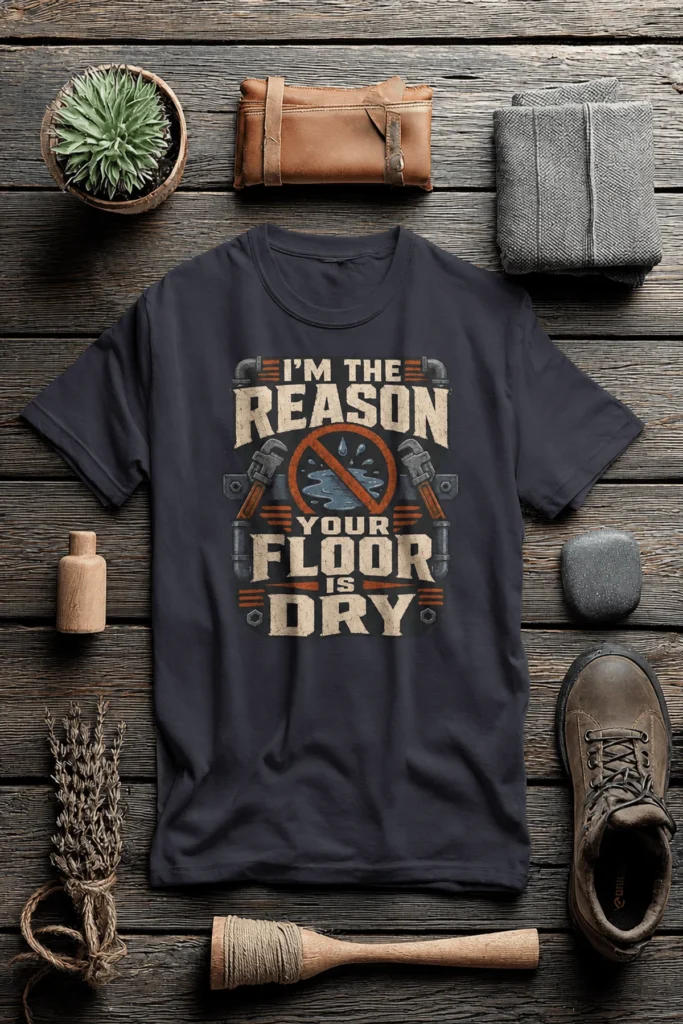 Plumber T‑Shirt – "I'm the Reason Your Floor Is Dry" Vintage Plumbing Tee — dark-grey t-shirt, flat-lay product photo | Pressure Tested Co