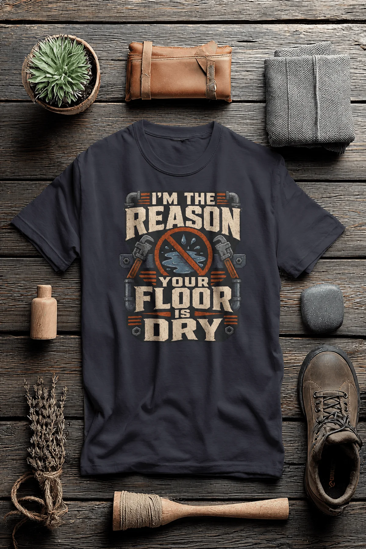 Plumber T‑Shirt – "I'm the Reason Your Floor Is Dry" Vintage Plumbing Tee — dark-grey — Flat-lay Plumber T‑Shirt – "I'm the Reason Your Floor Is Dry" Vintage Plumbing Tee — dark-grey t-shirt, flat-lay product photo | Pressure Tested Co