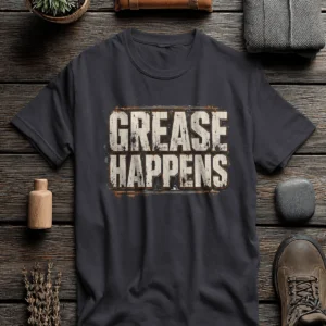 Grease Happens T-Shirt — Funny Mechanic Garage Tee — dark-grey t-shirt, flat-lay product photo | Pressure Tested Co