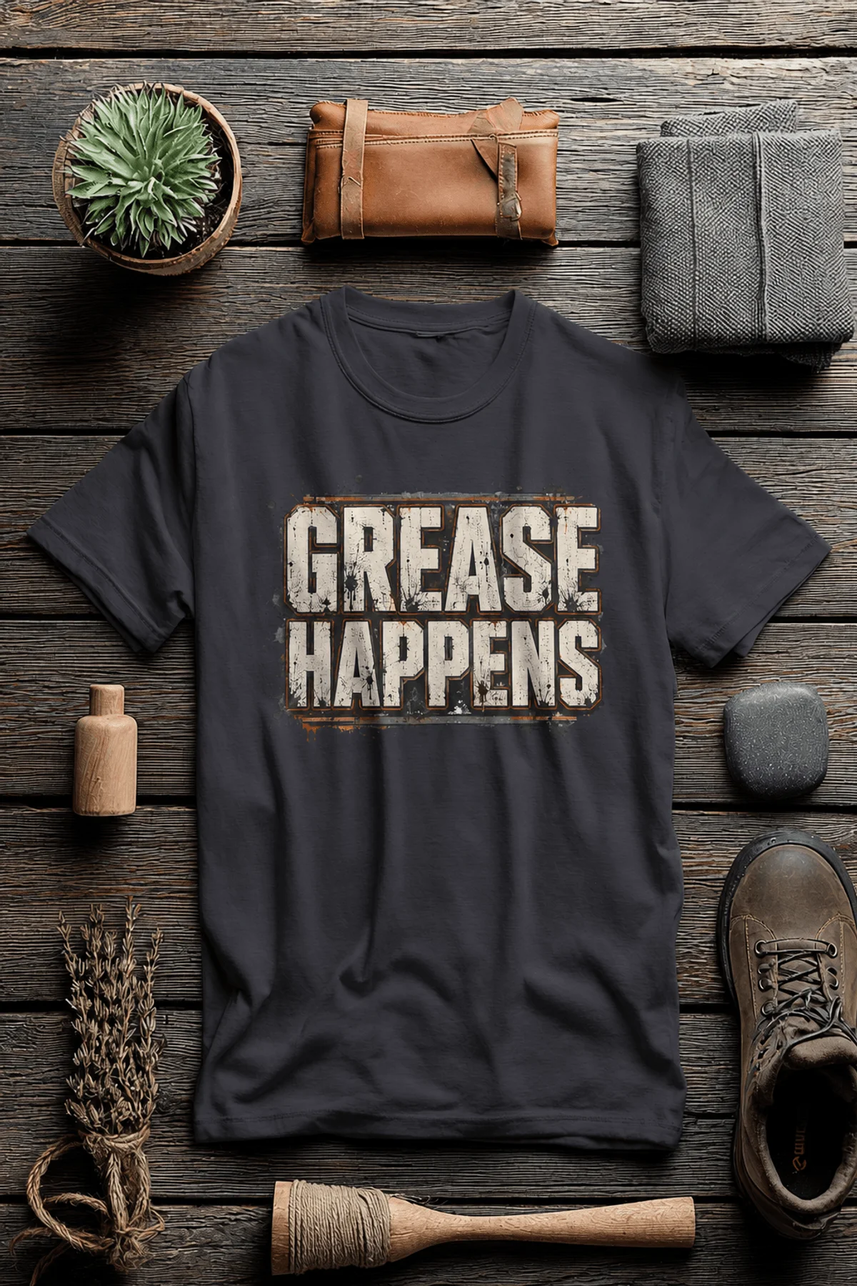 Grease Happens T-Shirt — Funny Mechanic Garage Tee — dark-grey — Flat-lay Grease Happens T-Shirt — Funny Mechanic Garage Tee — dark-grey t-shirt, flat-lay product photo | Pressure Tested Co