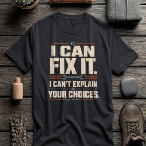 Sarcastic Mechanic T‑Shirt – "I Can Fix It. I Can't Explain Your Choices" Vintage Mechanic Shirt - DIY Repair Tee — dark-grey t-shirt, flat-lay product photo | Pressure Tested Co