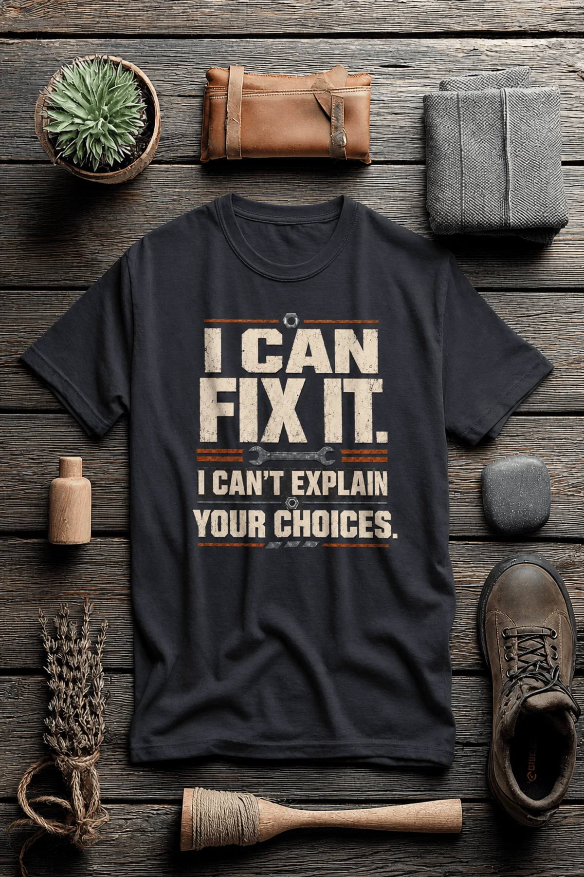 Sarcastic Mechanic T‑Shirt – "I Can Fix It. I Can't Explain Your Choices" Vintage Mechanic Shirt - DIY Repair Tee — dark-grey t-shirt, flat-lay product photo | Pressure Tested Co