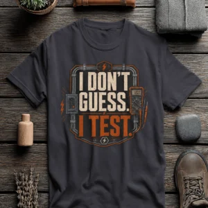 I Don't Guess I Test T-Shirt — Funny Tech Tee for Engineers and Electricians — dark-grey t-shirt, flat-lay product photo | Pressure Tested Co