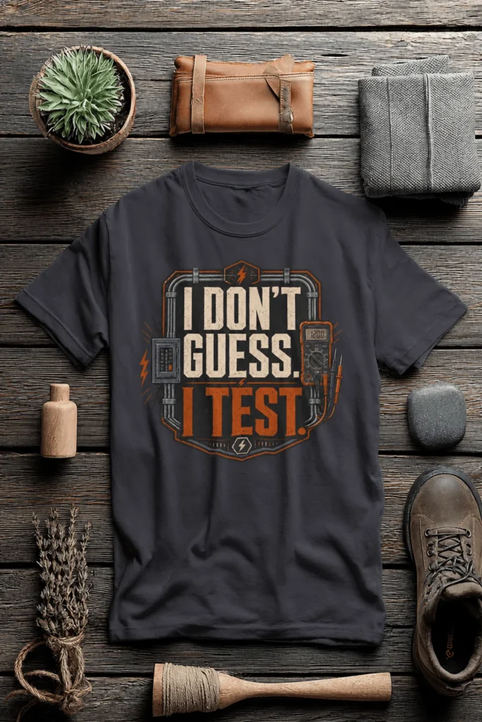 I Don't Guess I Test T-Shirt — Funny Tech Tee for Engineers and Electricians — dark-grey t-shirt, flat-lay product photo | Pressure Tested Co
