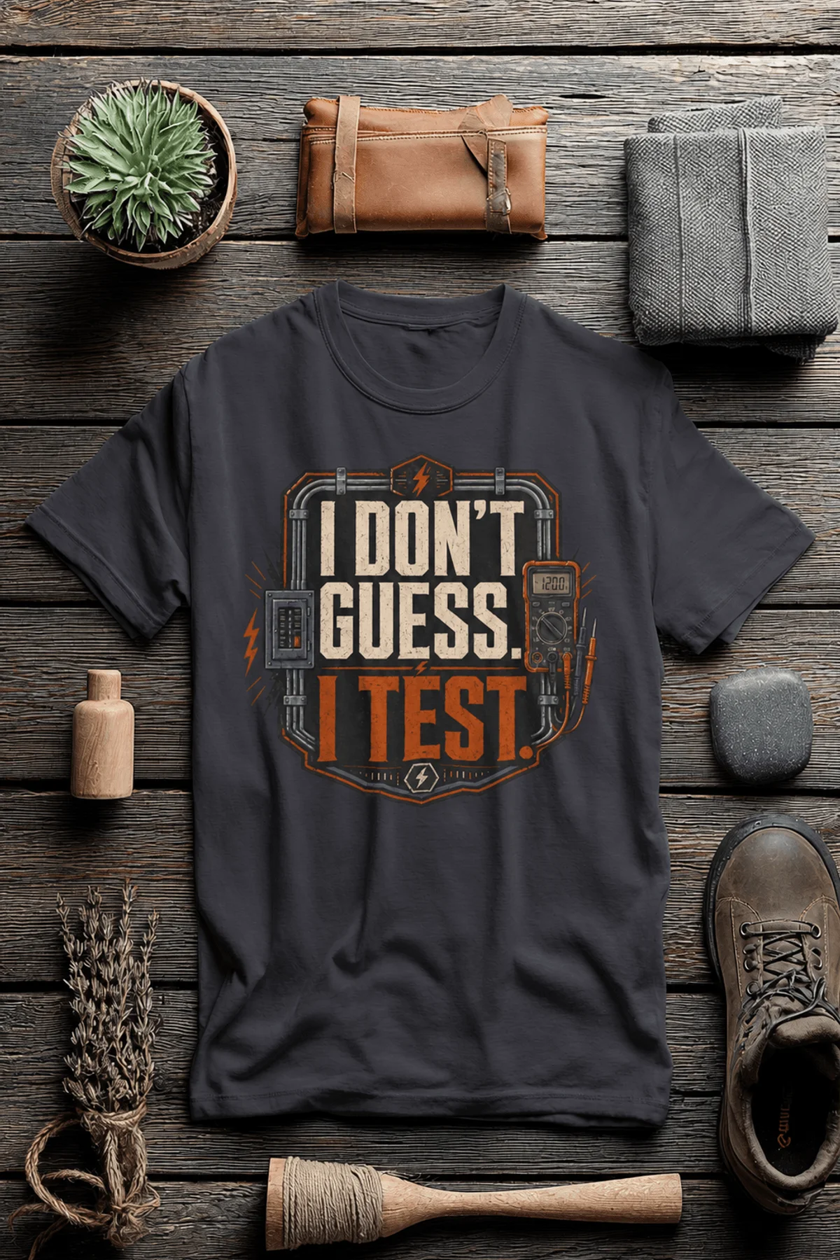 I Don't Guess I Test T-Shirt — Funny Tech Tee for Engineers and Electricians — dark-grey — Flat-lay I Don't Guess I Test T-Shirt — Funny Tech Tee for Engineers and Electricians — dark-grey t-shirt, flat-lay product photo | Pressure Tested Co