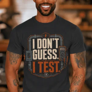I Don't Guess I Test T-Shirt — Funny Tech Tee for Engineers and Electricians — dark-grey t-shirt, model photo | Pressure Tested Co