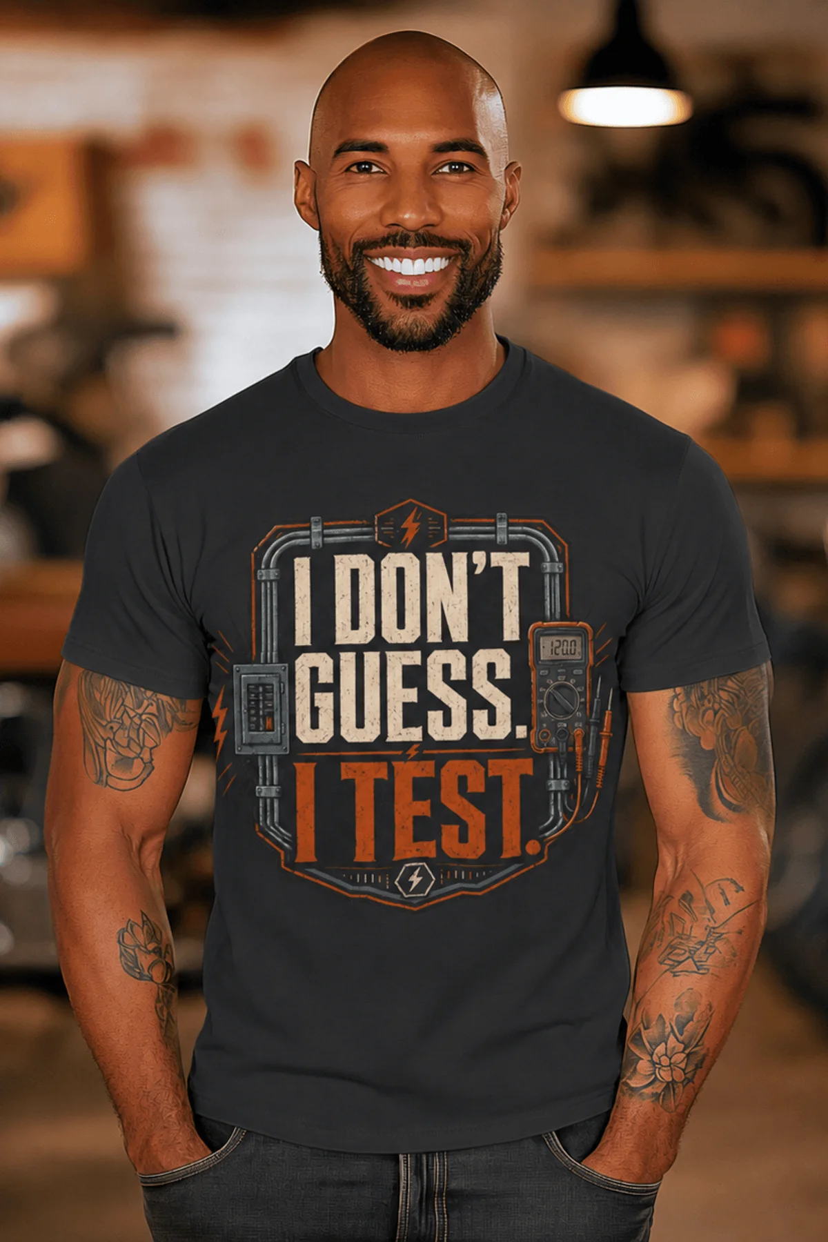 I Don't Guess I Test T-Shirt — Funny Tech Tee for Engineers and Electricians — dark-grey — Model I Don't Guess I Test T-Shirt — Funny Tech Tee for Engineers and Electricians — dark-grey t-shirt, model photo | Pressure Tested Co