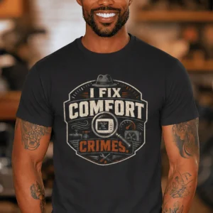 Funny HVAC Tech Tee "I Fix Comfort Crimes" — Furnace and Air Tech Work Tee — dark-grey t-shirt, model photo | Pressure Tested Co