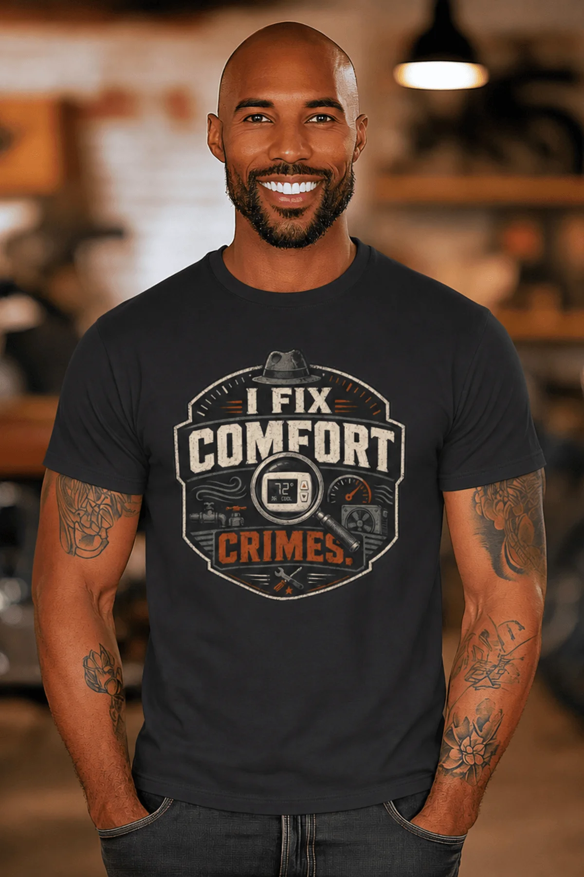 Funny HVAC Tech Tee "I Fix Comfort Crimes" — Furnace and Air Tech Work Tee — dark-grey — Model Funny HVAC Tech Tee "I Fix Comfort Crimes" — Furnace and Air Tech Work Tee — dark-grey t-shirt, model photo | Pressure Tested Co
