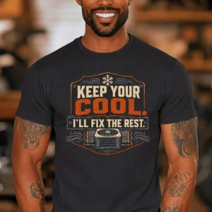 Funny HVAC Tee Shirt "Keep Your Cool. I'll Fix The Rest." T-Shirt – Vintage GraphicTee — dark-grey t-shirt, model photo | Pressure Tested Co