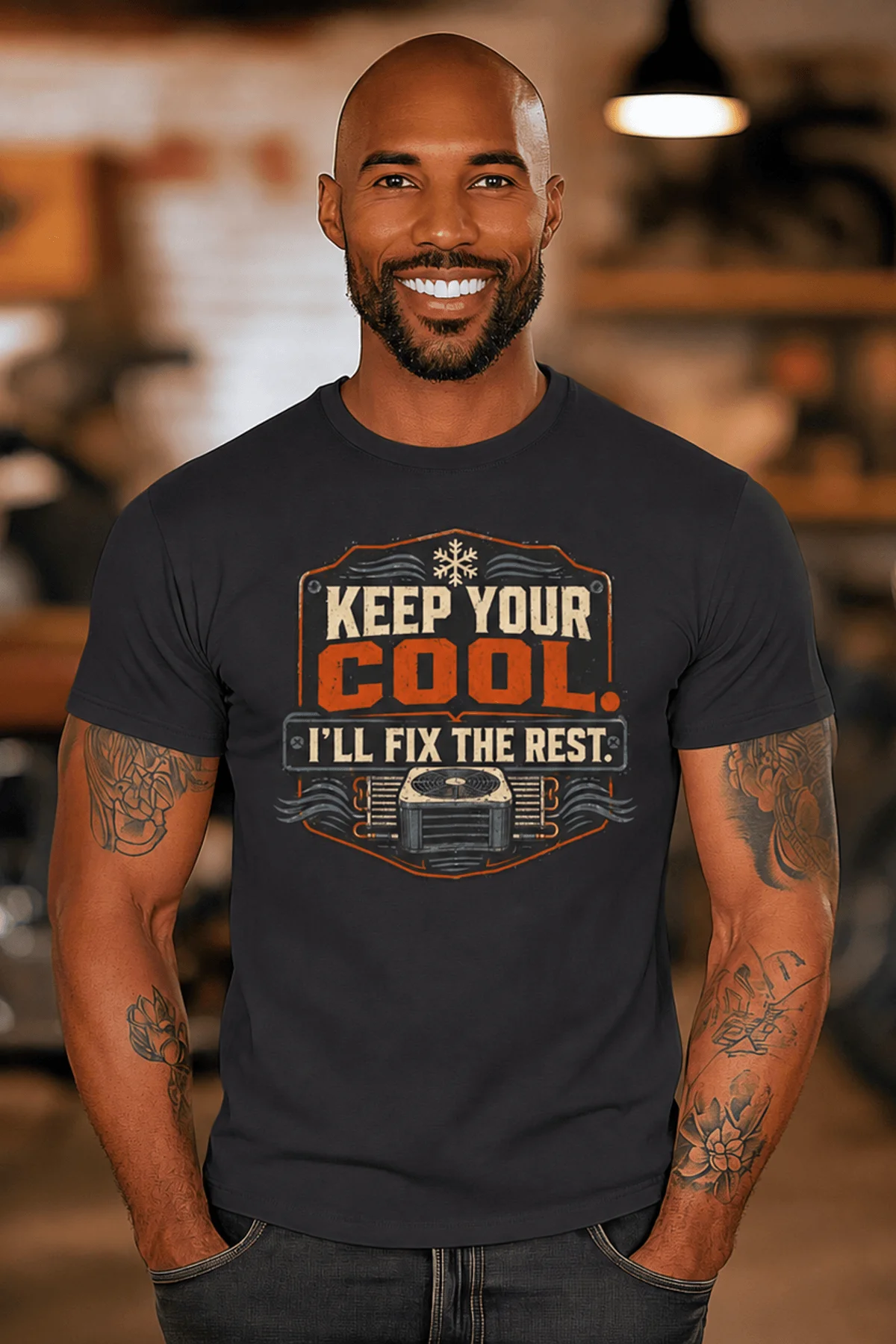 Funny HVAC Tee Shirt "Keep Your Cool. I'll Fix The Rest." T-Shirt – Vintage GraphicTee — dark-grey — Model Funny HVAC Tee Shirt "Keep Your Cool. I'll Fix The Rest." T-Shirt – Vintage GraphicTee — dark-grey t-shirt, model photo | Pressure Tested Co