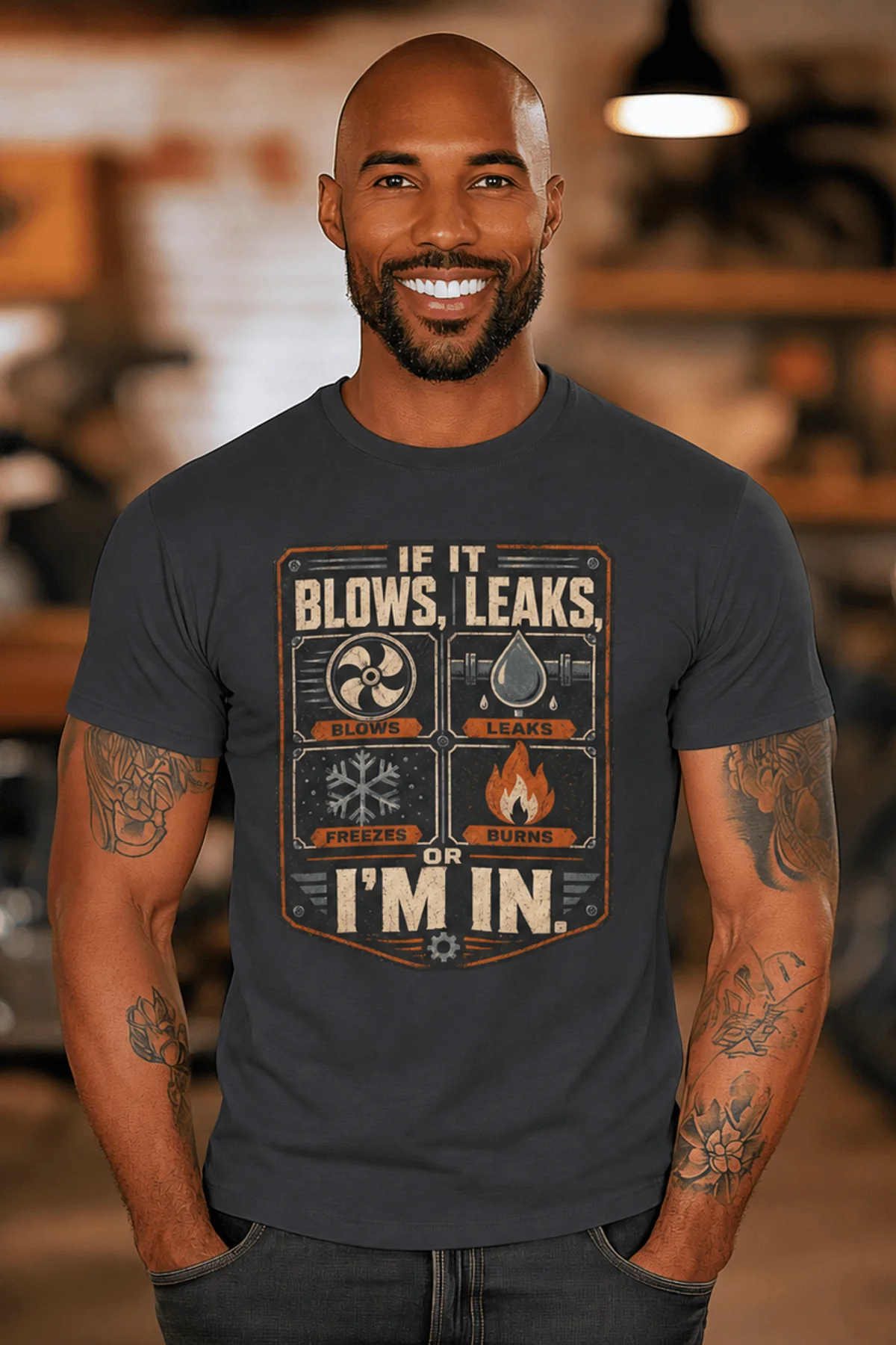 HVAC Technician T‑Shirt — "If It Blows, Leaks, Freezes or Burns I'm In" Retro Tradesmen Tee — dark-grey — Model HVAC Technician T‑Shirt — "If It Blows, Leaks, Freezes or Burns I'm In" Retro Tradesmen Tee — dark-grey t-shirt, model photo | Pressure Tested Co