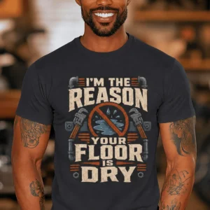 Plumber T‑Shirt – "I'm the Reason Your Floor Is Dry" Vintage Plumbing Tee — dark-grey t-shirt, model photo | Pressure Tested Co