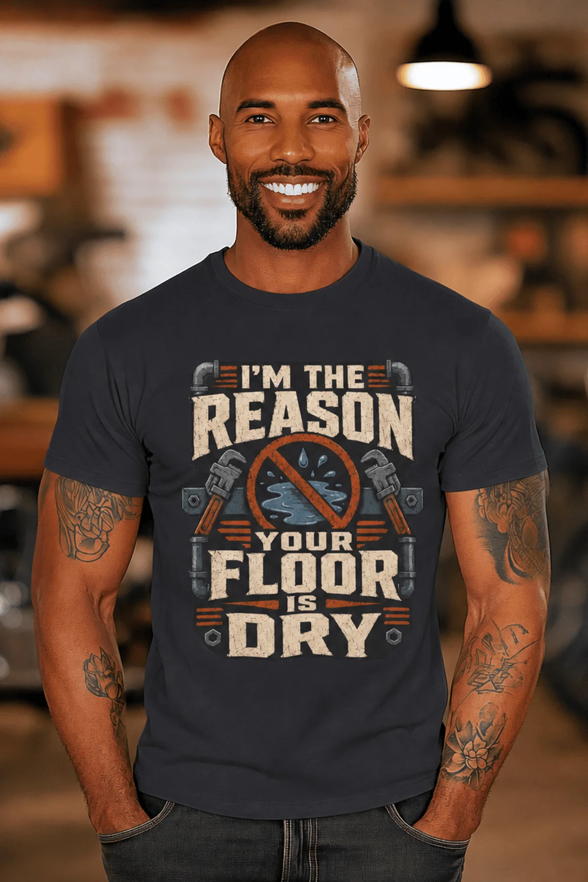 Plumber T‑Shirt – "I'm the Reason Your Floor Is Dry" Vintage Plumbing Tee — dark-grey — Model Plumber T‑Shirt – "I'm the Reason Your Floor Is Dry" Vintage Plumbing Tee — dark-grey t-shirt, model photo | Pressure Tested Co