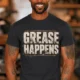 Grease Happens T-Shirt — Funny Mechanic Garage Tee — dark-grey — Model Grease Happens T-Shirt — Funny Mechanic Garage Tee — dark-grey t-shirt, model photo | Pressure Tested Co