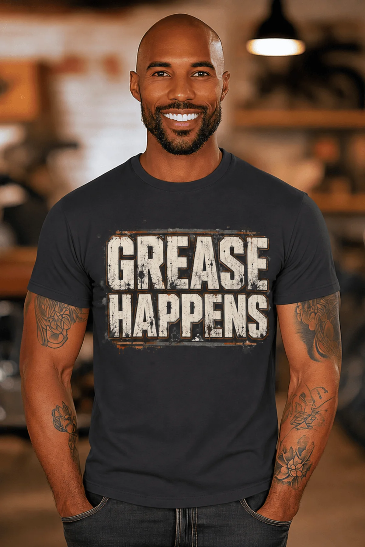 Grease Happens T-Shirt — Funny Mechanic Garage Tee — dark-grey — Model Grease Happens T-Shirt — Funny Mechanic Garage Tee — dark-grey t-shirt, model photo | Pressure Tested Co