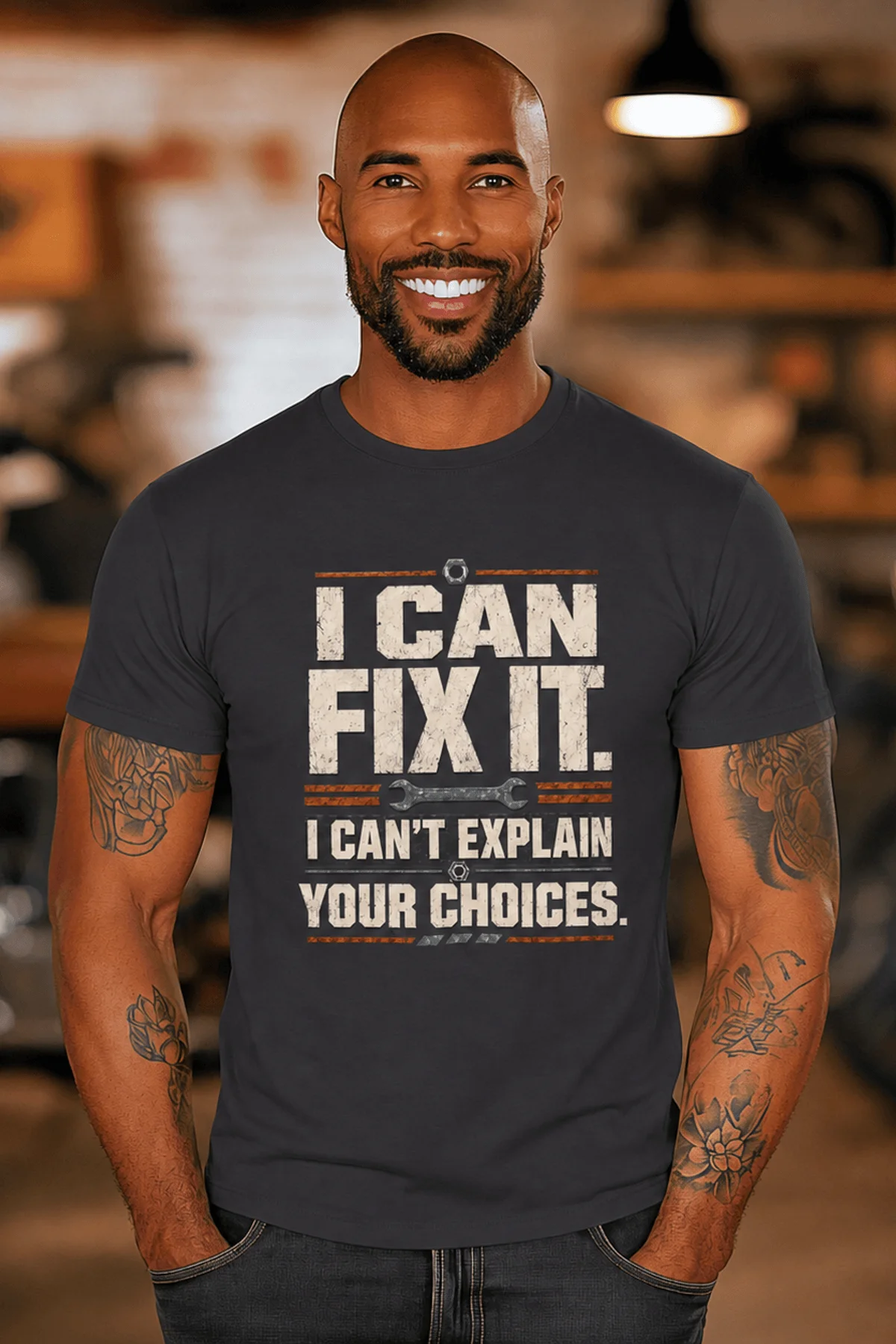 Sarcastic Mechanic T‑Shirt – "I Can Fix It. I Can't Explain Your Choices" Vintage Mechanic Shirt - DIY Repair Tee — dark-grey t-shirt, model photo | Pressure Tested Co