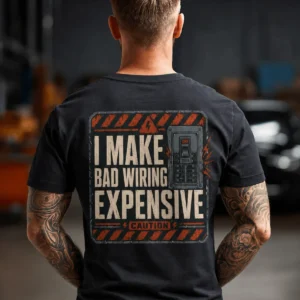 Funny Electrician Tech Tee - Back "I Make Bad Wiring Expensive" — Front "Wired For Success" Vintage Work Tee — dark-grey t-shirt, model photo | Pressure Tested Co