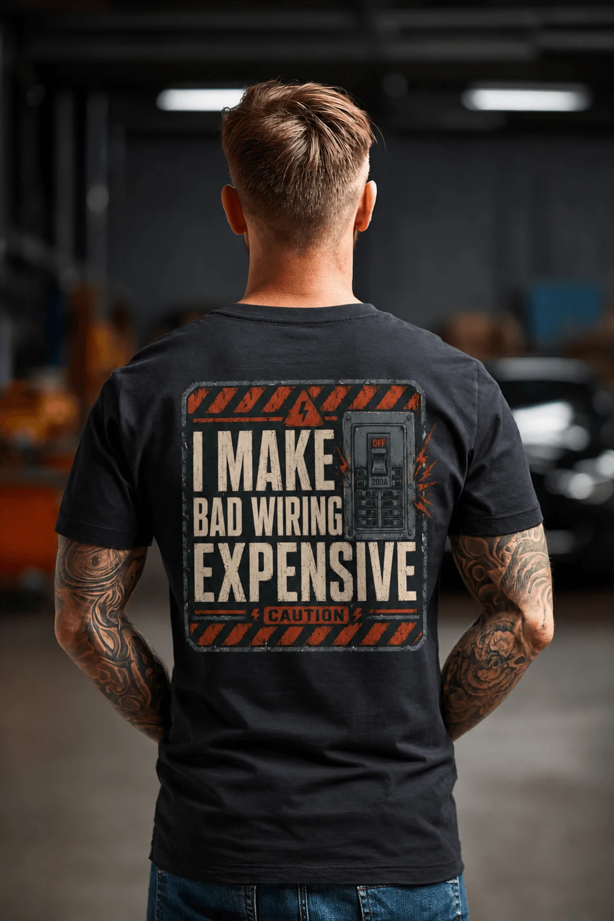 Funny Electrician Tech Tee - Back "I Make Bad Wiring Expensive" — Front "Wired For Success" Vintage Work Tee — dark-grey — Model Funny Electrician Tech Tee - Back "I Make Bad Wiring Expensive" — Front "Wired For Success" Vintage Work Tee — dark-grey t-shirt, model photo | Pressure Tested Co
