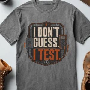I Don't Guess I Test T-Shirt — Funny Tech Tee for Engineers and Electricians — deep-heather t-shirt, flat-lay product photo | Pressure Tested Co