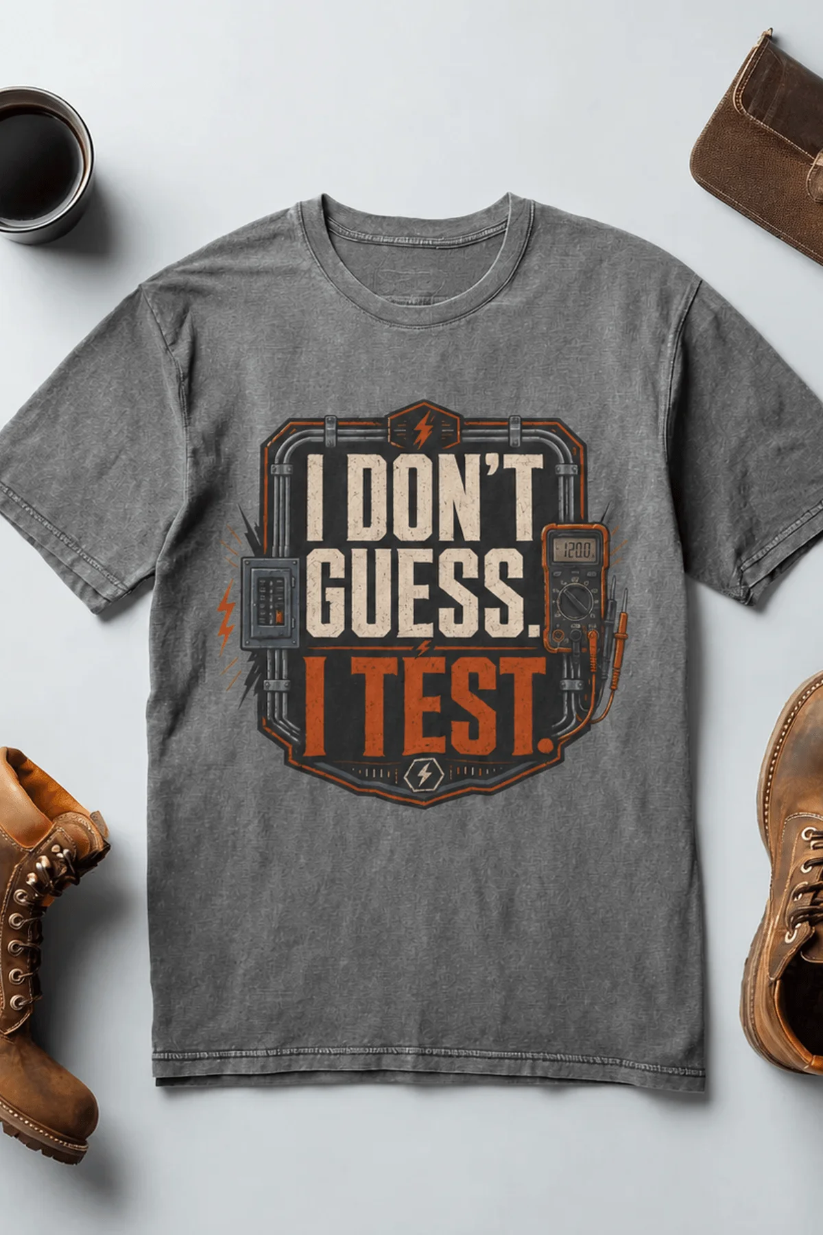 I Don't Guess I Test T-Shirt — Funny Tech Tee for Engineers and Electricians — deep-heather — Flat-lay I Don't Guess I Test T-Shirt — Funny Tech Tee for Engineers and Electricians — deep-heather t-shirt, flat-lay product photo | Pressure Tested Co