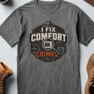 Funny HVAC Tech Tee "I Fix Comfort Crimes" — Furnace and Air Tech Work Tee — deep-heather t-shirt, flat-lay product photo | Pressure Tested Co