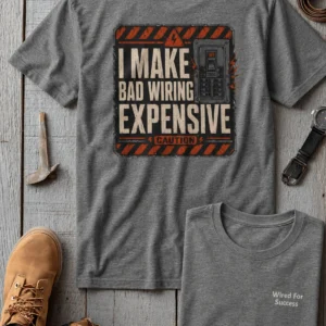 Funny Electrician Tech Tee - Back "I Make Bad Wiring Expensive" — Front "Wired For Success" Vintage Work Tee — deep-heather t-shirt, flat-lay product photo | Pressure Tested Co