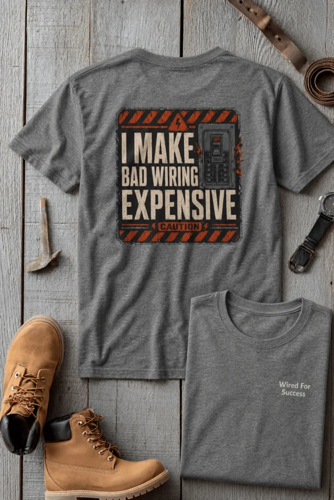 Funny Electrician Tech Tee - Back "I Make Bad Wiring Expensive" — Front "Wired For Success" Vintage Work Tee — deep-heather t-shirt, flat-lay product photo | Pressure Tested Co