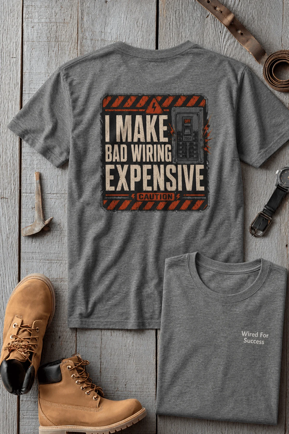 Funny Electrician Tech Tee - Back "I Make Bad Wiring Expensive" — Front "Wired For Success" Vintage Work Tee — deep-heather — Flat-lay Funny Electrician Tech Tee - Back "I Make Bad Wiring Expensive" — Front "Wired For Success" Vintage Work Tee — deep-heather t-shirt, flat-lay product photo | Pressure Tested Co