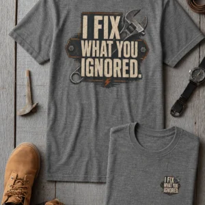 I Fix What You Ignored T-Shirt — Mechanic Wrench Tool Shirt for Technicians & DIYers — deep-heather t-shirt, flat-lay product photo | Pressure Tested Co