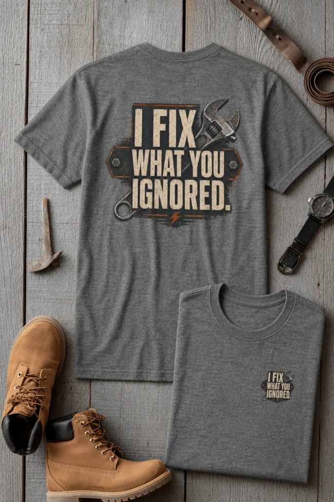 I Fix What You Ignored T-Shirt — Mechanic Wrench Tool Shirt for Technicians & DIYers — deep-heather t-shirt, flat-lay product photo | Pressure Tested Co